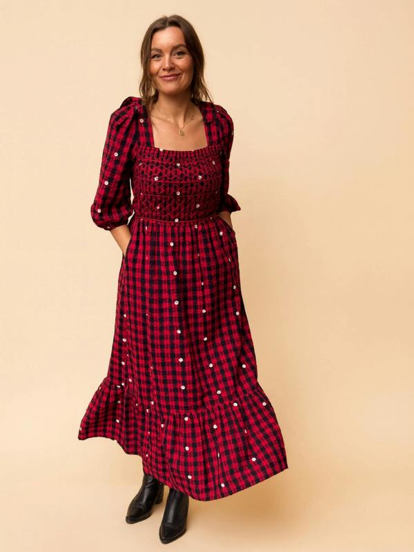 Rose & Nancy Steffi Red and Black Daisy Embroidered Check Maxi Dress