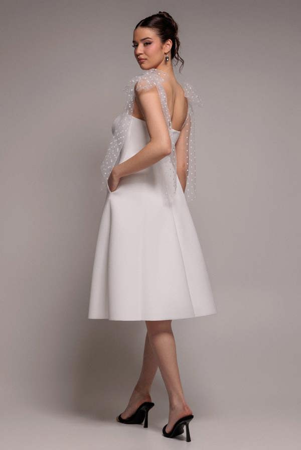 Scuba & Polka Mesh Bella Bow Multiway A-Line Midi Dress - White DR4877