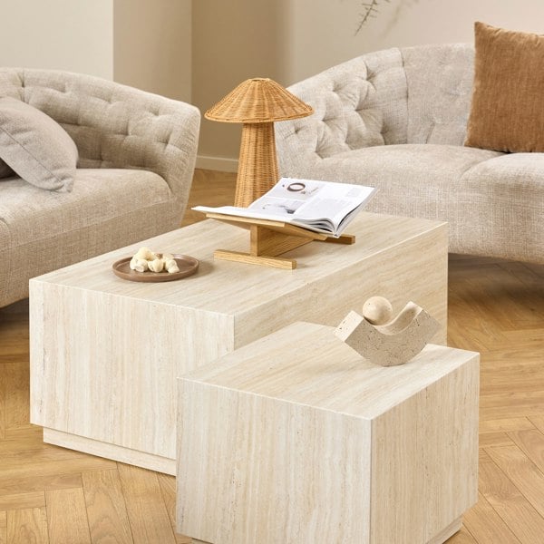 Furniture To Go Dice Square and Rectangular Coffee Table Set of 2 in Travertine Rough Paper Effect