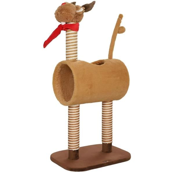 Brown cat tree with plush deer topper, striped scratching posts, tunnel perch and base