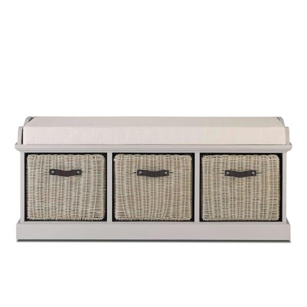 Statement Furniture Tetbury Bench with 3 Brown Rattan Storage Baskets and Cushion Seat