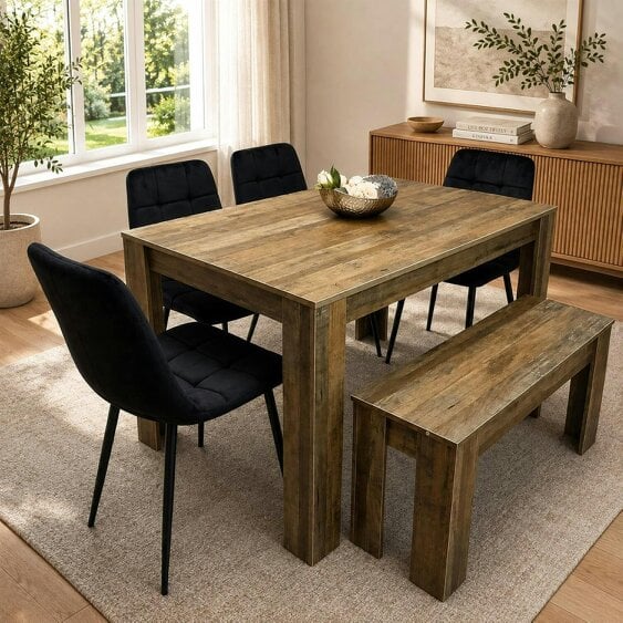 Kosy Koala Modern Dining Table with 4 Black Velvet Chairs and Bench Dining Furniture Set