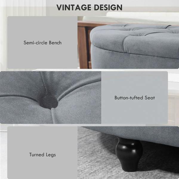 Dark grey button-tufted storage ottoman with turned legs