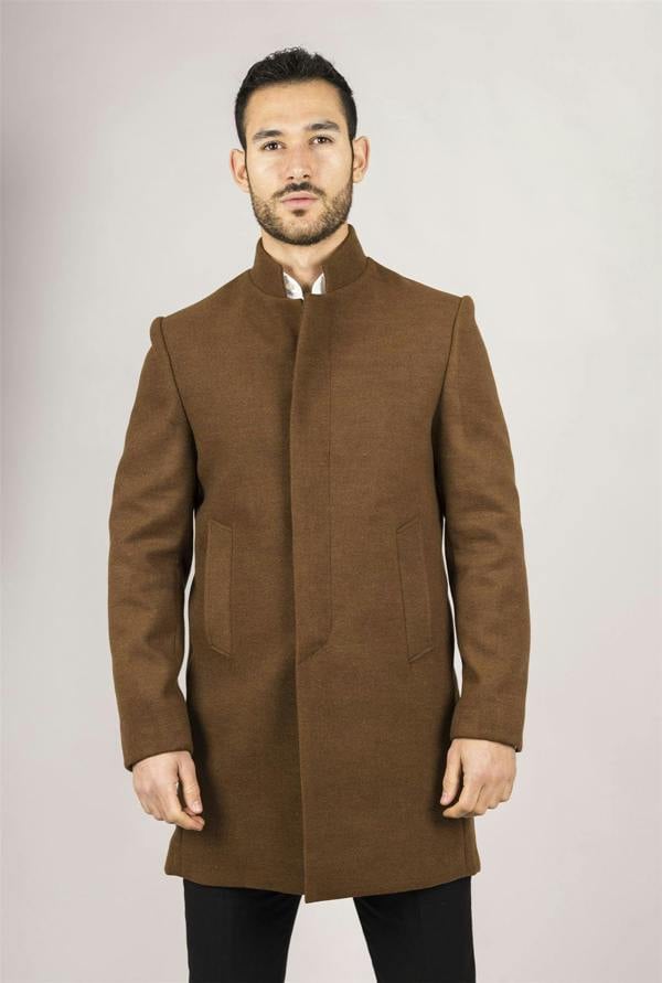 Infinity Leather Men's Brown Stand Collar Wool Blend Overcoat