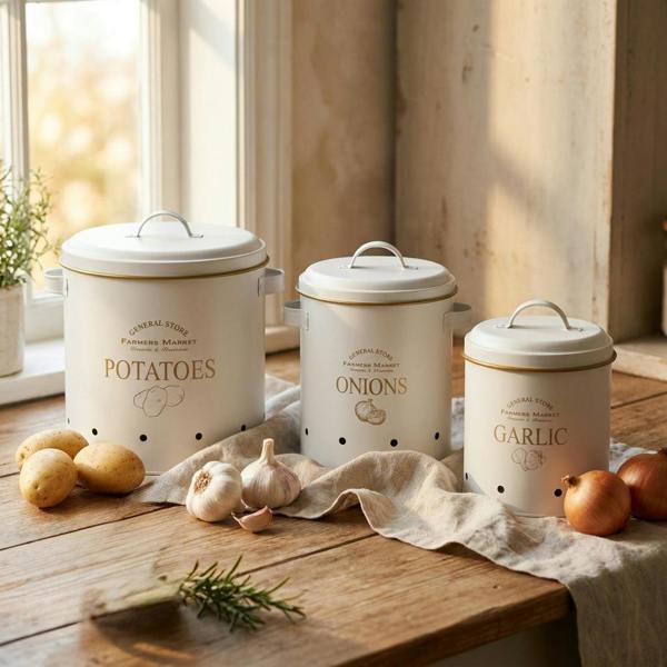 Maison des Cadeaux Vintage Farmhouse 3-Piece Potato, Onion & Garlic Storage Bin Set