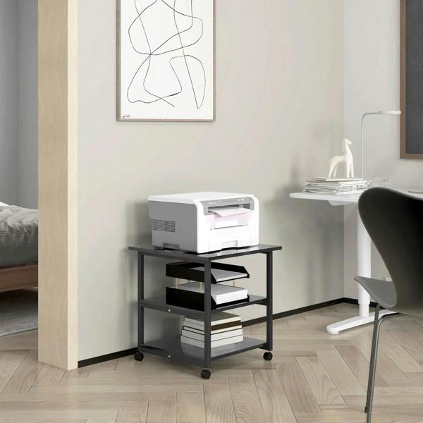Three-tier black steel printer stand on casters with three open storage tiers