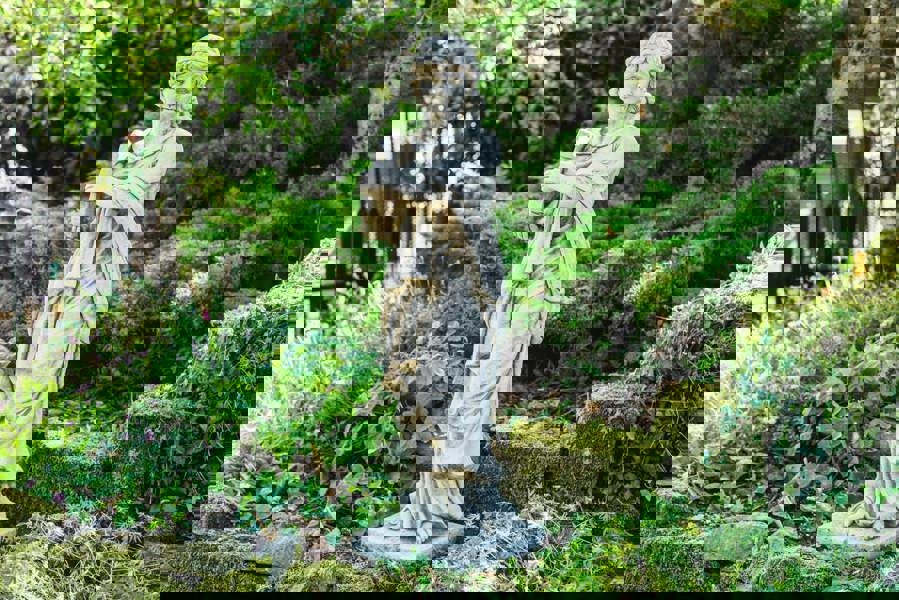 Tall Stone Cast Ladys Statue with Harp