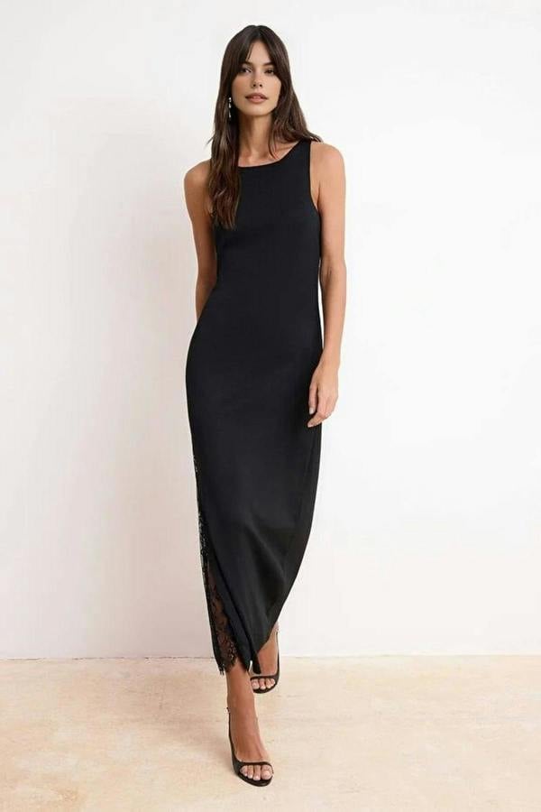WOVCOR Plain Maxi Crew Neck Maxi Body-Hugging Lace Detail Knit Dress