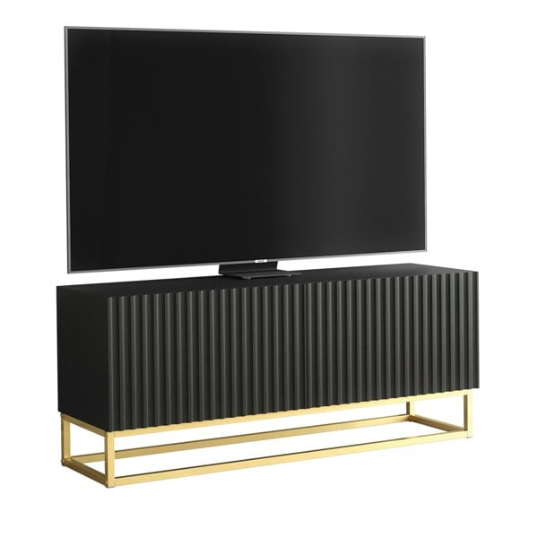 Mex Furniture Modern Black TV Unit with Gold Base 100cm – Fluted Fronts & Push-Down Doors