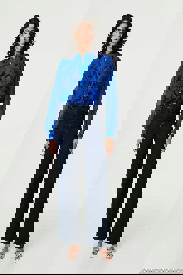 Blue | Ruffled Long Sleeve Semi Sheer Blouse
