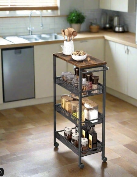 Modcraft Slim 4-Shelf Rolling Trolley, Space-Saving Kitchen Cart with Wheels, Rustic Brown and Black