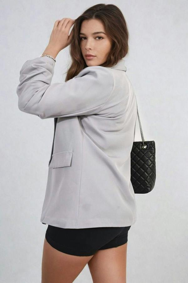 Valerie Ruched Sleeve Open Front Blazer Jacket With Front Pockets - Grey