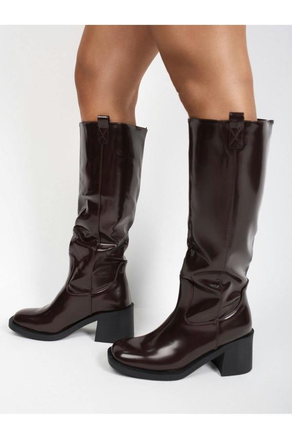 Verira Patent Knee High Block Heel Boots - Wine