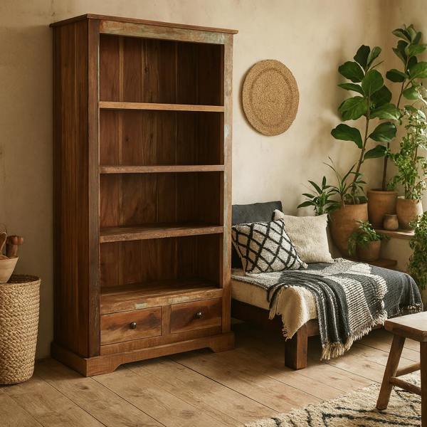 Wyld Haus Seattle Reclaimed Wood Large Bookcase 4 Shelves 2 Drawers
