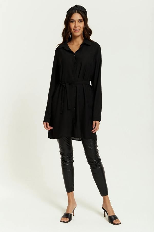 Hoxton Gal Oversized Belt Detailed Shirt Tunic with Long Sleeves in Black