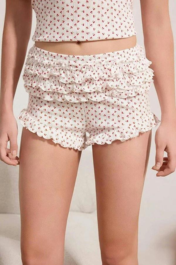 WOVCOR 2-Piece 100% Cotton Cherry Patterned Ruffled Ribbed Pajama Set