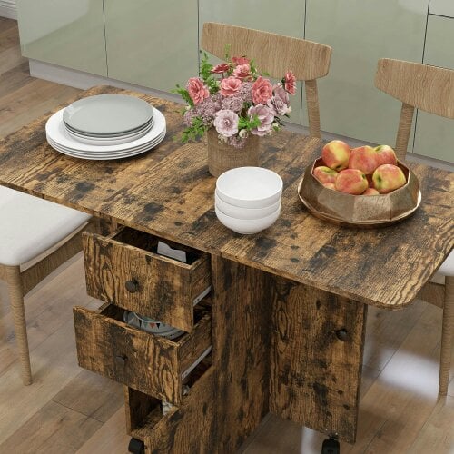 Wyld Haus Lasado Wooden Rustic Brown Drop Leaf Dining Table With Storage Seating 6