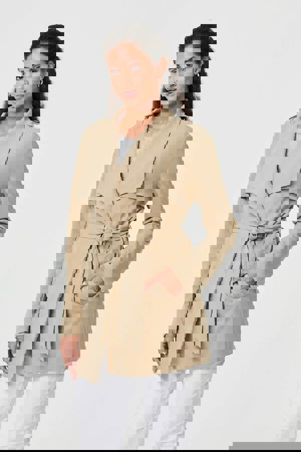 Khaki | Self Tie Thigh Length Lightweight Coat
