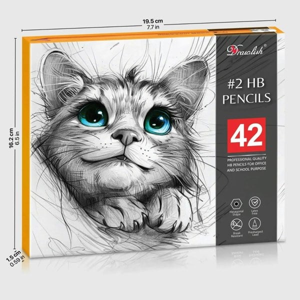 Drawlish 42-Piece Premium HB Pencils with Erasers - Pre-Sharpened Graphite for Artists & Kids