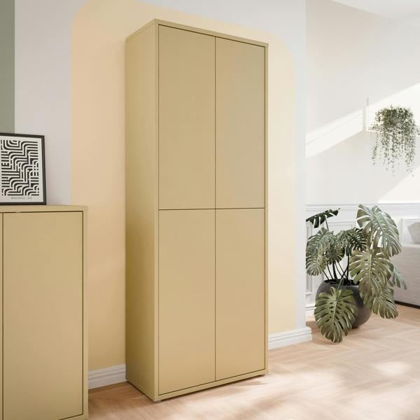 Furniture To Go Alice Springs Tall Shoe Cabinet with 4 Doors Push-to-Open in Butter Yellow