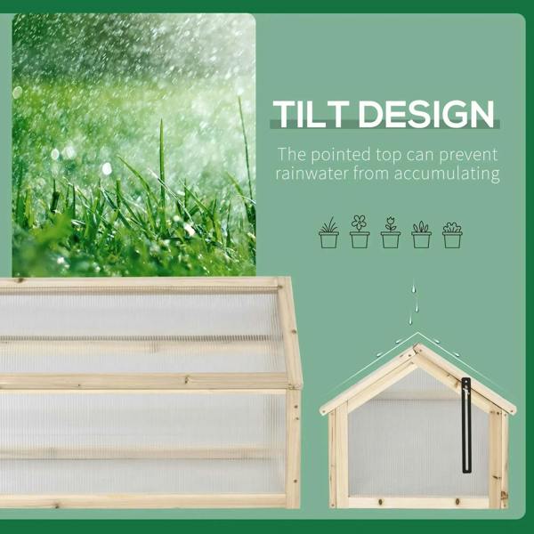 Wooden greenhouse corner with hinged open lid and supporting black strut