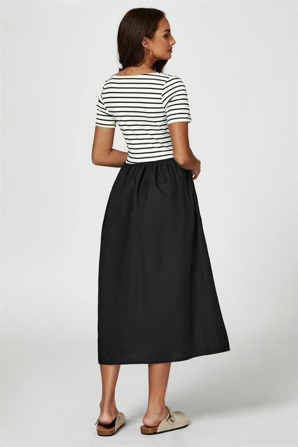 FS Collection Short Sleeve Black Stripe Midi Dress In White