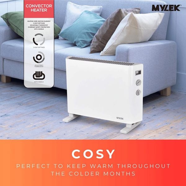 MYLEK Convector Heater Electric 2000W Free Standing Radiator - Portable, 3 Power Modes with Adjustable Thermostat