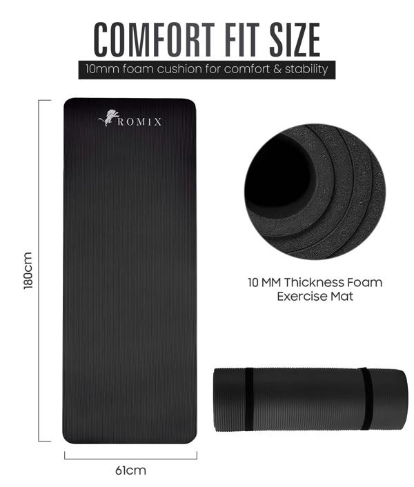ROMIX Yoga Mat 10mm Thick, 180 x 60cm Non Slip Foam Exercise Mat with Carry Bag and Strap