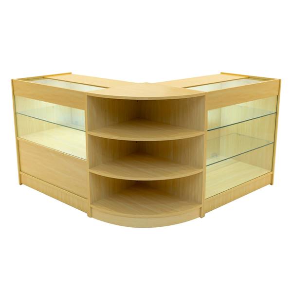 Maple LED shop counter set featuring a modern design with glass display shelves and a sleek, curved shape for retail spaces