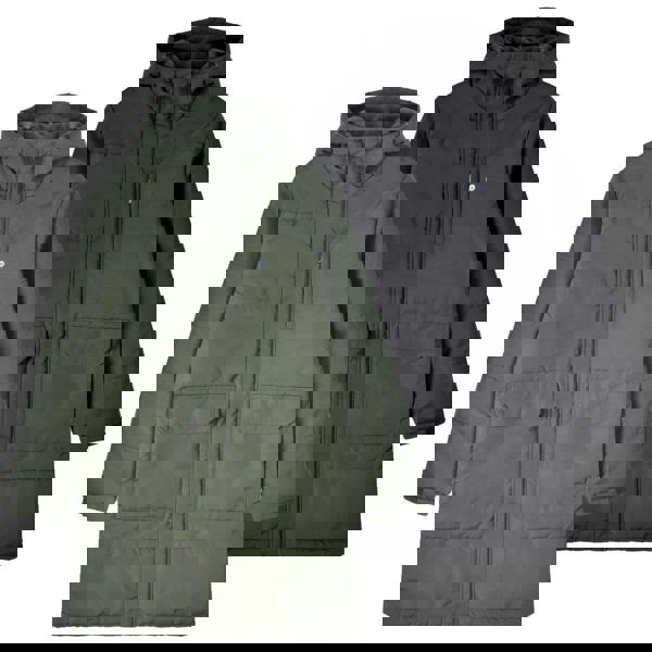 Lambretta Mens Padded Hooded Classic Badge Parka, two winter coats in olive green and black with large front pockets and hood.