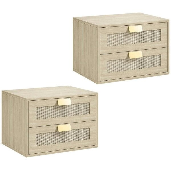 Modern Floating Nightstands Set of 2, Wall Mounted Bedside Tables with 2 Drawers, Oak