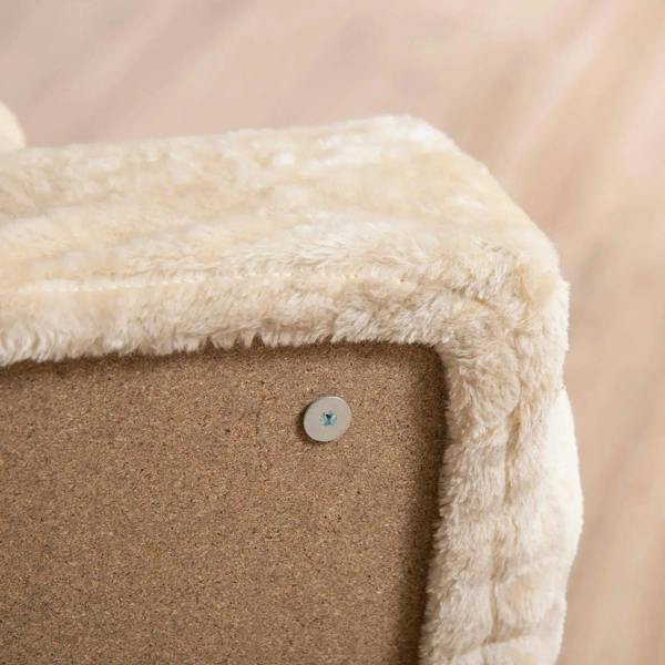 Close-up of beige plush edge on pet stairs with visible screw on the step frame