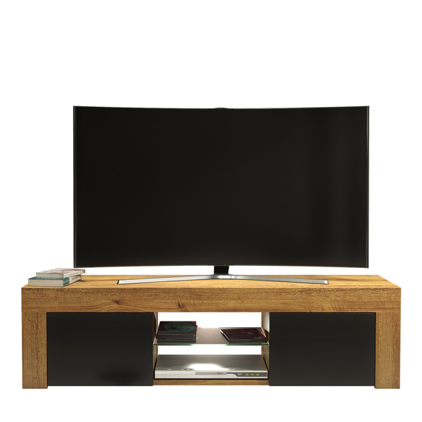 Mex Furniture 130cm Oak TV Unit Cabinet with Black Matt Doors and Free LED Lights