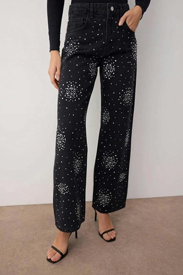 WOVCOR High Waist Stone Detailed Wide Leg Jeans