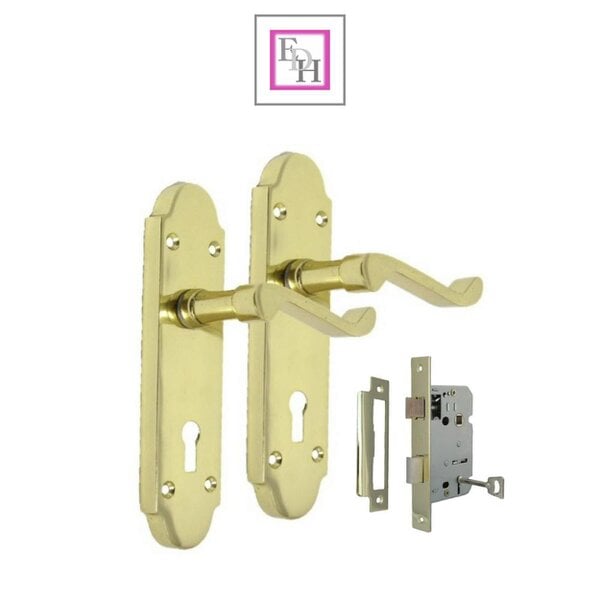 EDH Door Hardware Brass Finish Epsom Victorian Scroll Lock Door Handle on Shaped Back Plate +