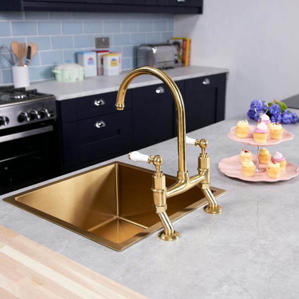 Flode Larvik | Kitchen Dual Lever Bridge Mixer Tap | Polished Brass Finish
