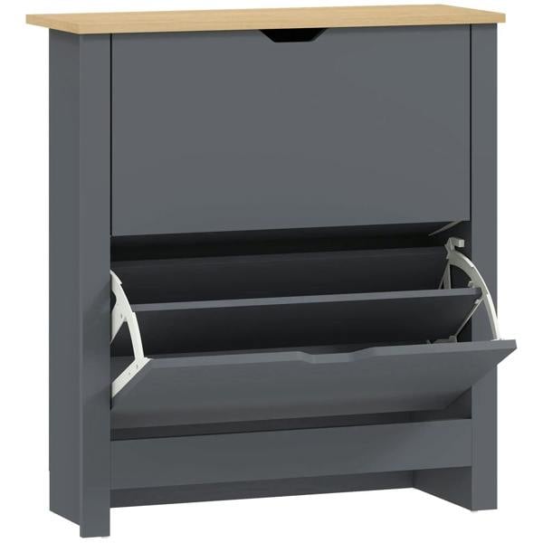 Charcoal grey slim shoe cabinet with two open flip drawers and adjustable shelves