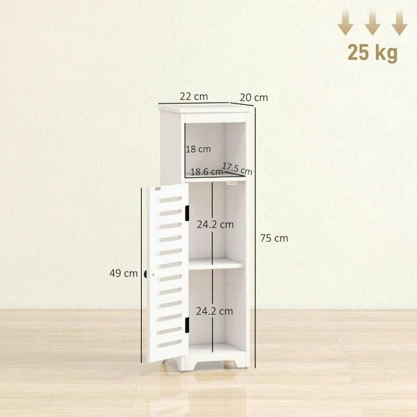 Bathroom Floor Cabinet, Bathroom Storage Unit with Louvered Door, Open Shelf, Adjustable Shelf, White, 22 x 20 x 75 cm