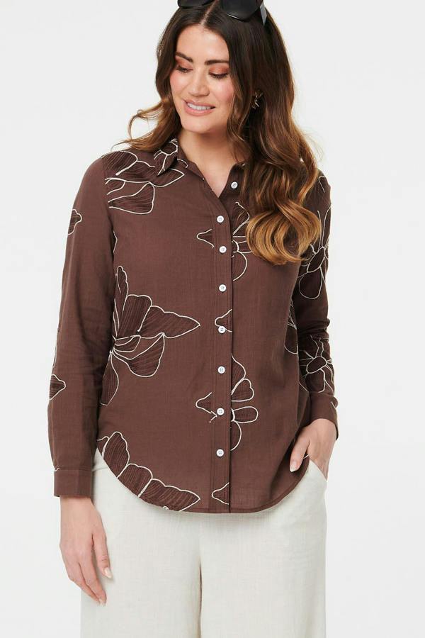 Brown | Floral Embroidered Detail Relaxed Shirt