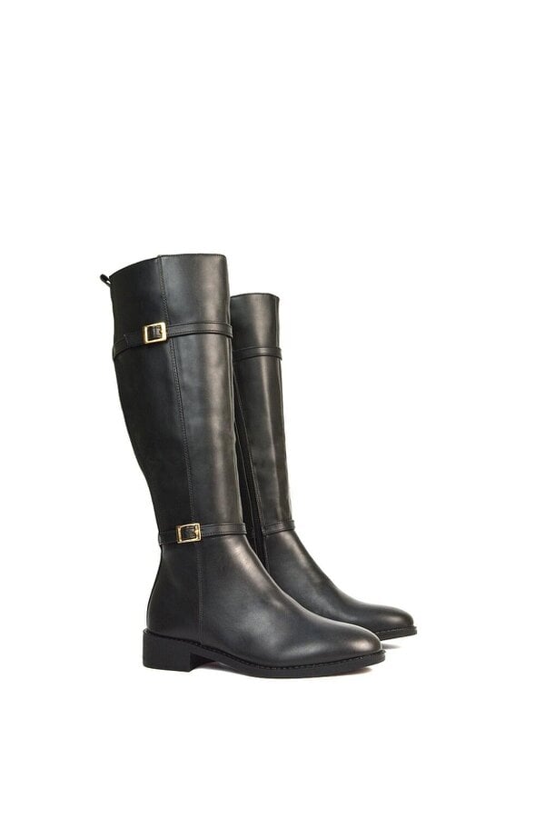 XY LONDON Flat Heel Stretch Knee High Long Boots With Buckle Details