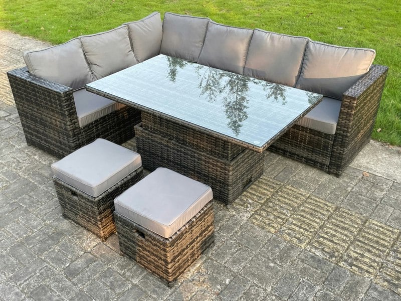 Fimous 8 Seat Dark Mixed Grey Rattan Garden Furniture Corner Sofa Set Adjustable Dining Or Coffee Table Left Side