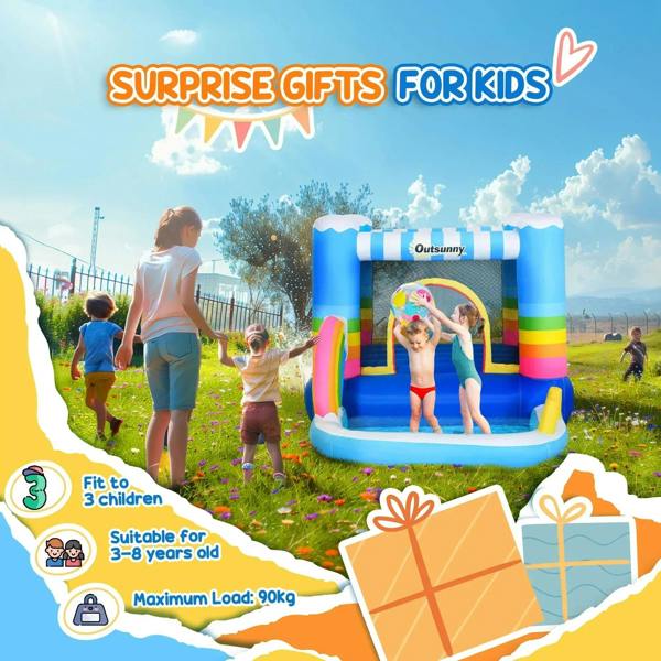 Kids inflatable bounce castle with rainbow door arches and blue trampoline pool