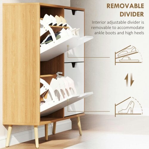 Wyld Haus Margarita Wooden Natural  and White Shoe Cabinet With 4 Flip Drawers For 8 To 16 Pairs