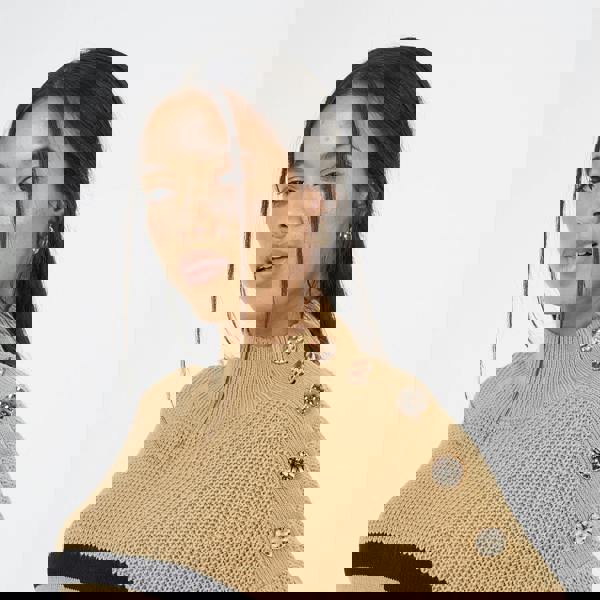 Brave Soul Camel Button Detail Striped Turtleneck Jumper - Camel Image 4