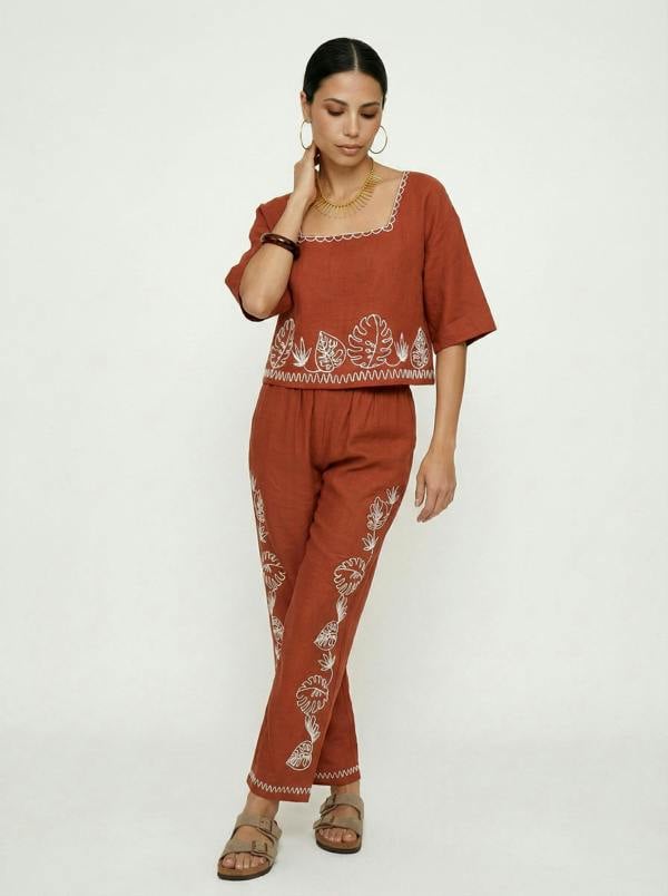 Raffya Tilly High Waist Embroidered Trouser In Rust