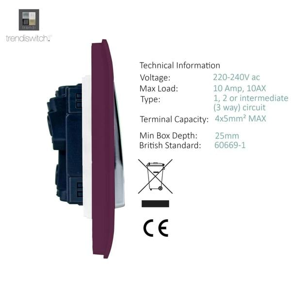 Trendi Switch 4 Gang Light Switch (2x 1 or 2 Way & 2 x Intermediate)in Plum Purple