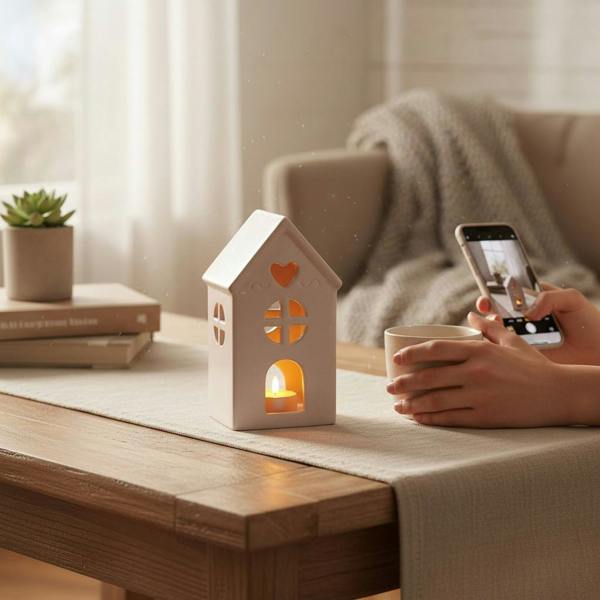 22CM CREAM CERAMIC HOUSE TEALIGHT HOLDER