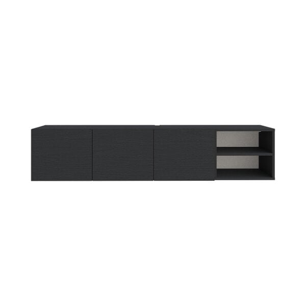 Decortie Conrad 180cm Floating TV Stand, Wall-Mounted Unit with 3 Soft-Close Doors & Open Shelves - Black Wood
