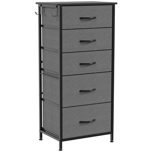 Chest of Drawers, Dresser with 5 Fabric Drawers, Tall Storage Unit with 4 Pockets and 2 Hooks Steel Frame, Charcoal Grey