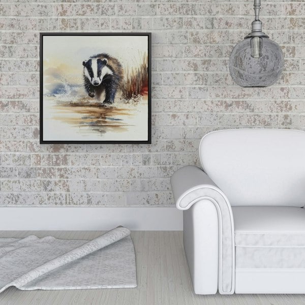 Warren Reed Wading Badger Watercolour Framed Canvas